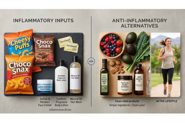 Infographic comparing inflammatory diet and chemical load versus anti-inflammatory lifestyle choices for natural chronic pain relief, Naturopathic Physicians Group Scottsdale. Infographic comparing inflammatory diet and chemical load versus anti-inflammatory lifestyle choices for natural chronic pain relief, Naturopathic Physicians Group Scottsdale.