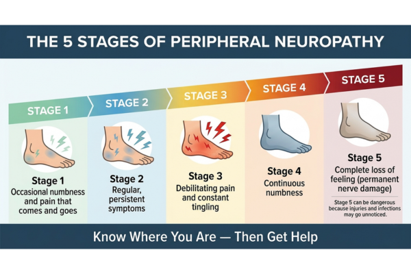 Diagram showing the five stages of peripheral neuropathy from occasional numbness to complete loss of feeling, used in a blog by the Naturopathic Physicians Group Scottsdale.