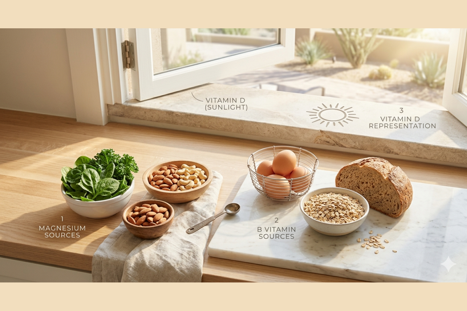 Natural food sources of magnesium, B vitamins, and vitamin D shown as part of a naturopathic approach to reducing migraine frequency at Naturopathic Physicians Group in Scottsdale, Arizona. Natural food sources of magnesium, B vitamins, and vitamin D shown as part of a naturopathic approach to reducing migraine frequency at Naturopathic Physicians Group in Scottsdale, Arizona.