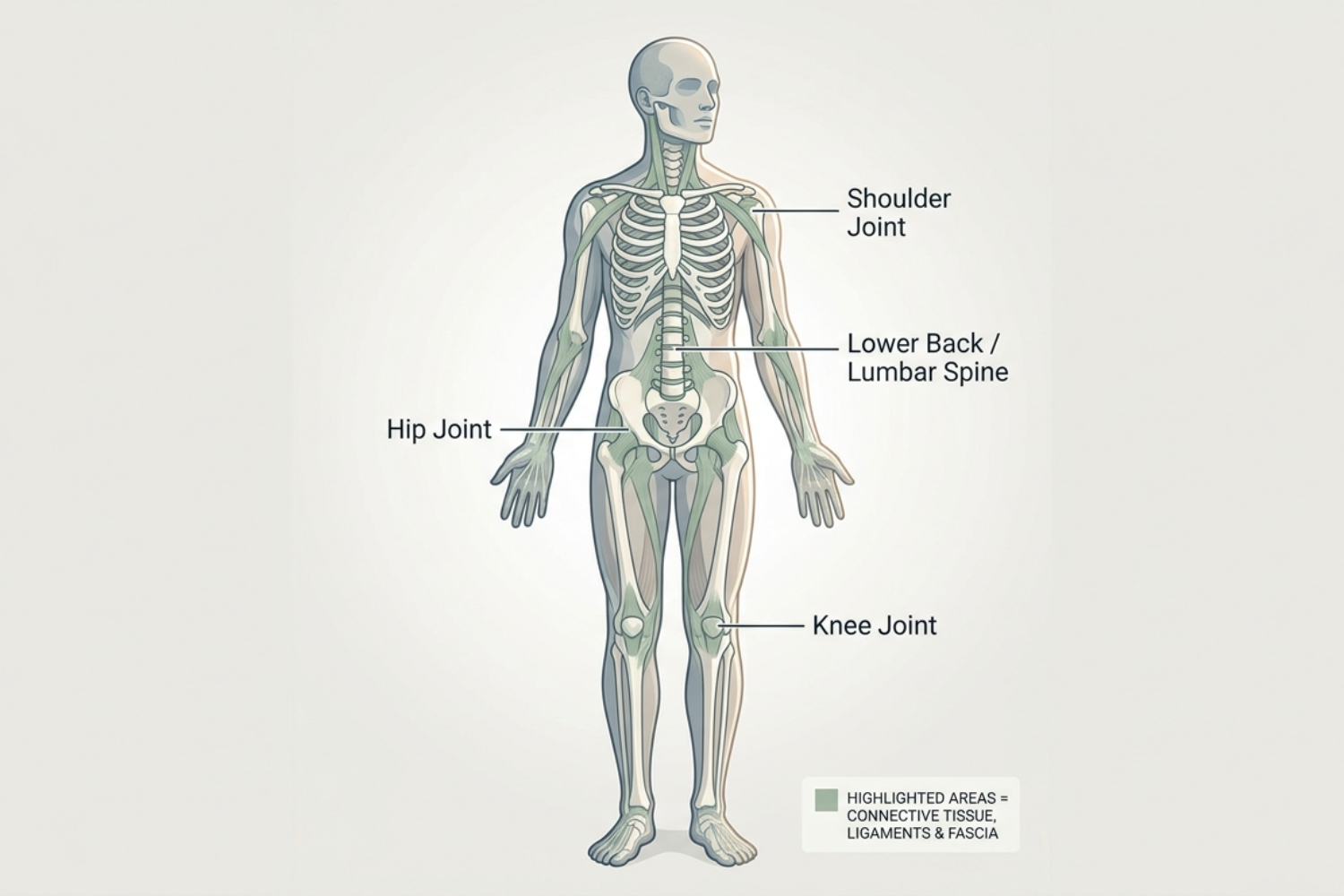 Diagram showing connective tissue and ligament locations in the body related to unexplained joint pain treated at Naturopathic Physicians Group Scottsdale.