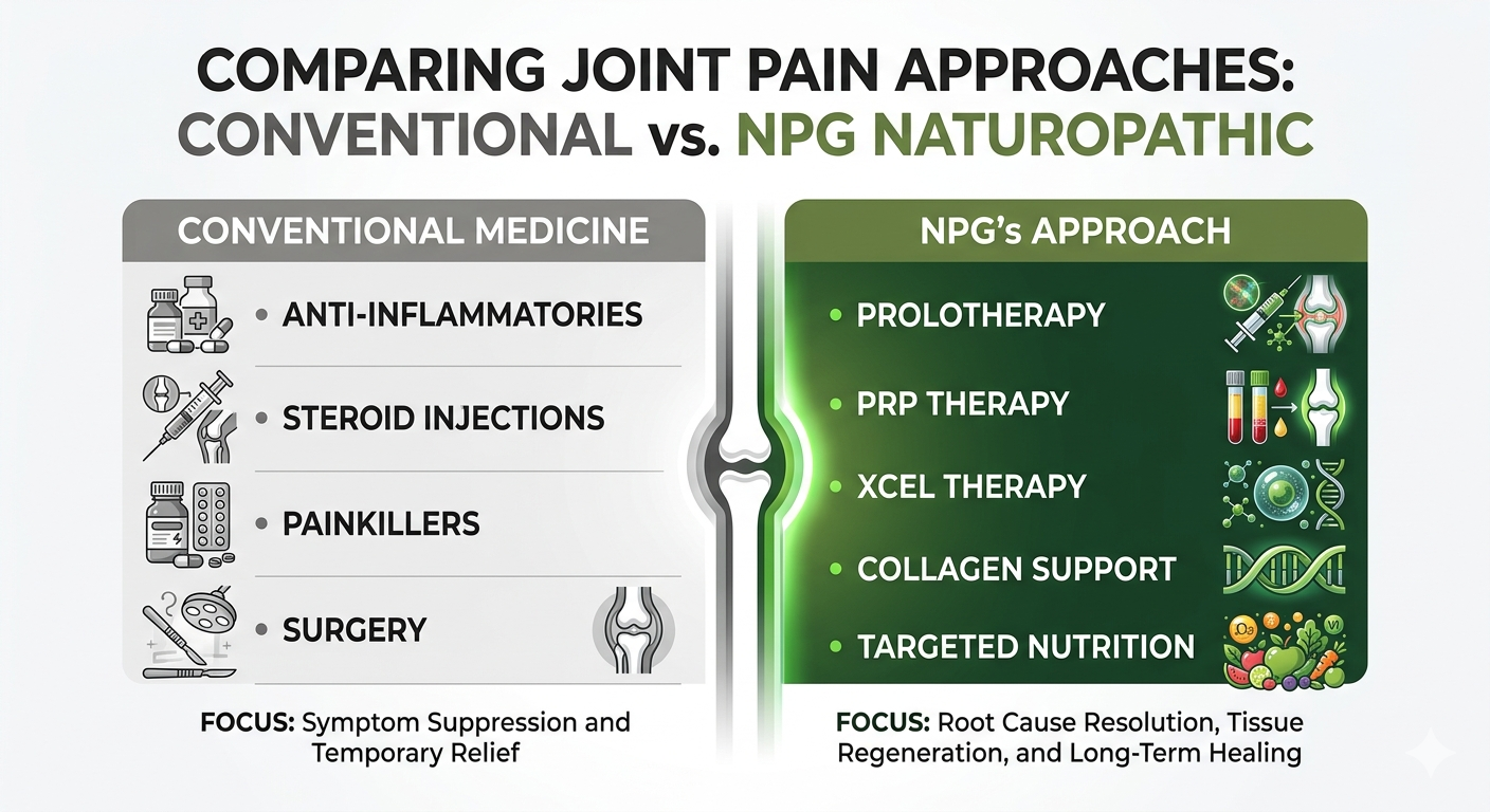 Infographic comparing conventional joint pain treatments to naturopathic regenerative therapies at Naturopathic Physicians Group Scottsdale Arizona.