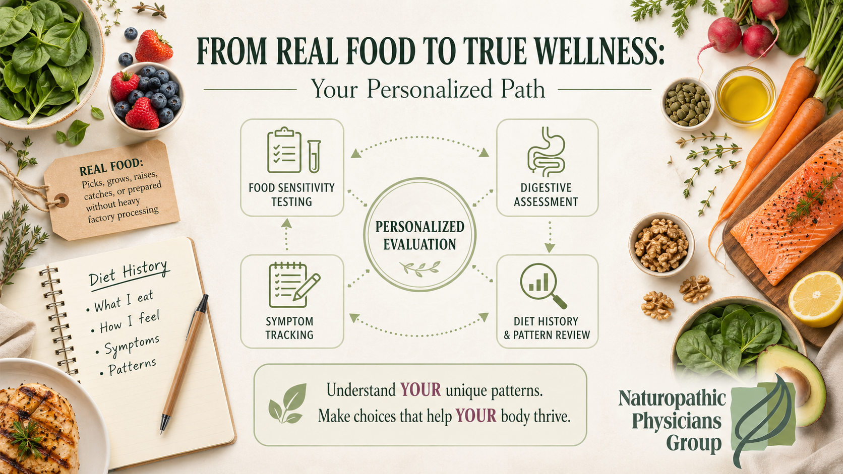Whole anti-inflammatory foods, including fresh vegetables, wild-caught salmon, and organic produce, are recommended by the Naturopathic Physicians Group in Scottsdale, Arizona.