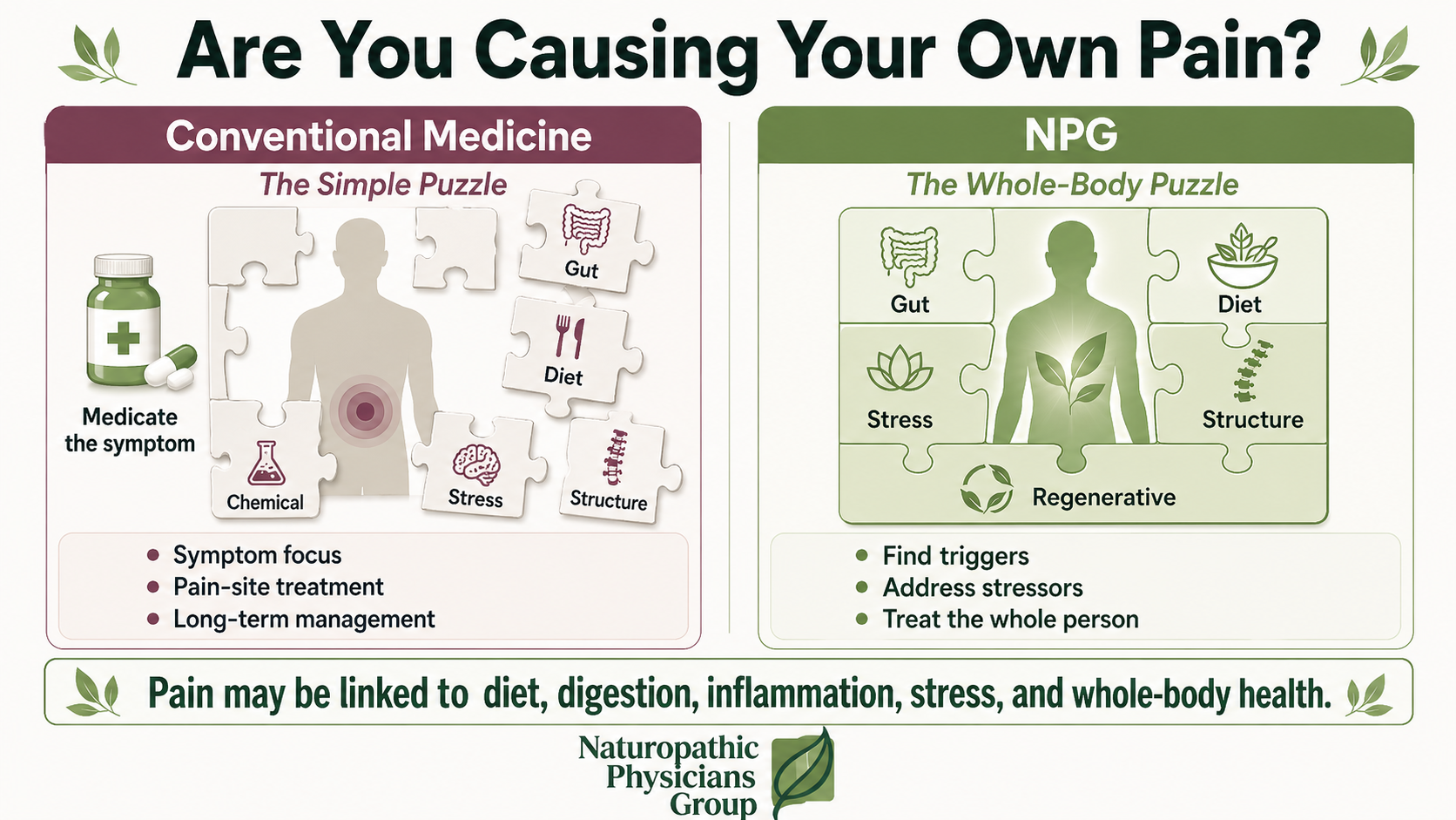 Infographic titled "Are You Causing Your Own Pain?" comparing conventional medicine’s focus on symptoms to the Naturopathic Physicians Group’s holistic approach. The graphic uses a puzzle metaphor to show how NPG addresses gut health, dietary triggers, and regenerative therapy to provide a complete healing picture in Scottsdale, Arizona.