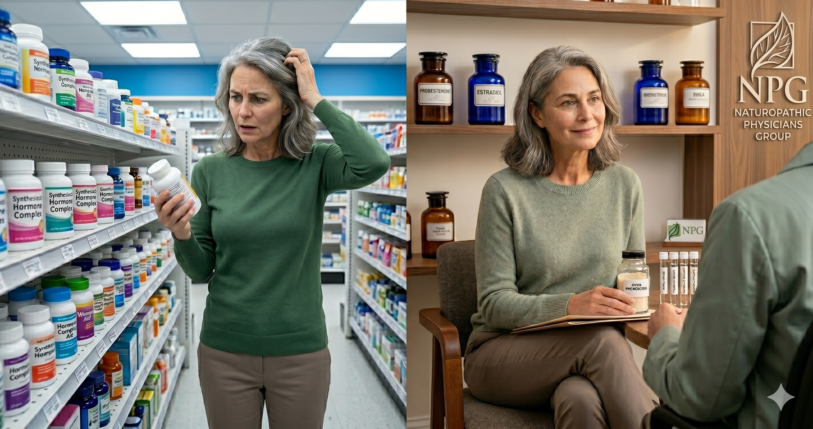 Woman confused at the chain pharmacy versus relaxed at Naturopathic Physicians Group Scottsdale bioidentical hormone consultation.