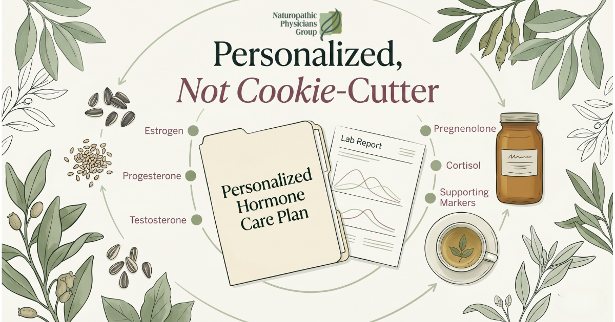 Personalized naturopathic hormone care plan with hormone markers and botanical wellness elements for women in Scottsdale.