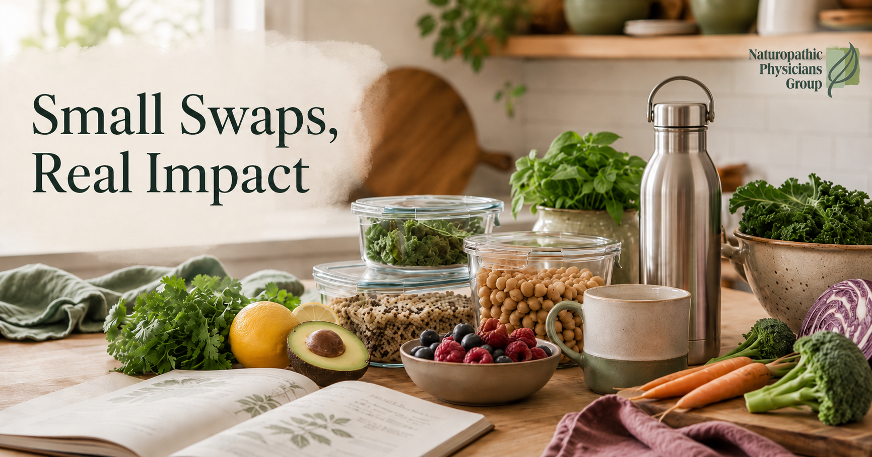 Glass food storage containers and fresh produce on a kitchen counter, representing naturopathic lifestyle tips for hormone balance Glass food storage containers and fresh produce on a kitchen counter, representing naturopathic lifestyle tips for hormone balance