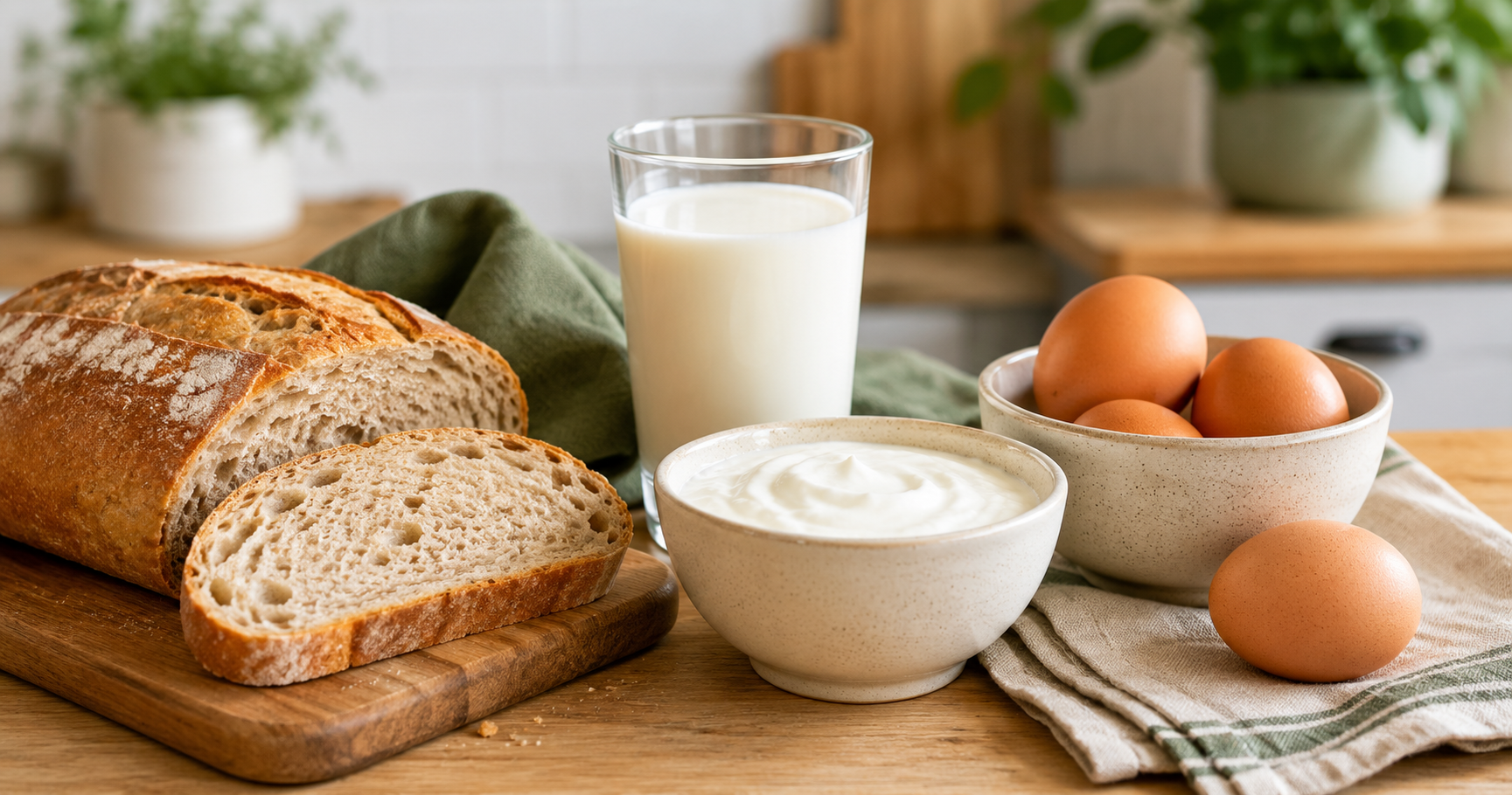 Sliced bread, glass of milk, yogurt, and eggs on a kitchen counter, common food sensitivities