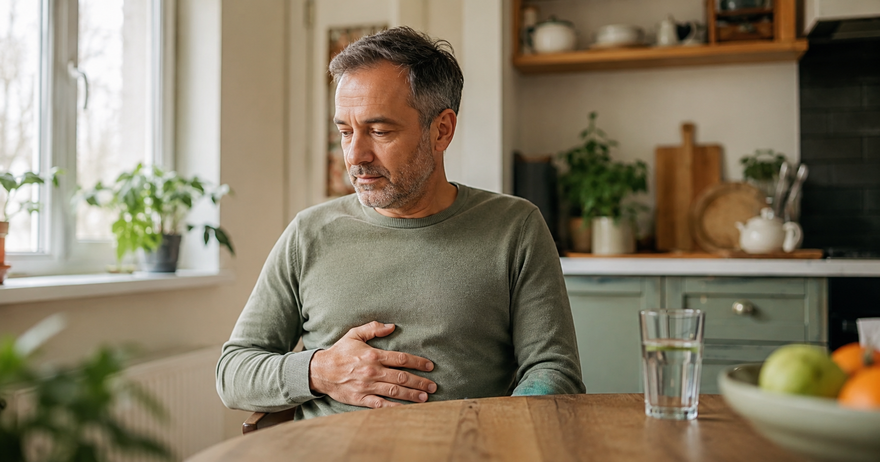 Man in his 50s resting his hand on his abdomen at a kitchen table, possible liver symptom Man in his 50s resting his hand on his abdomen at a kitchen table, possible liver symptom