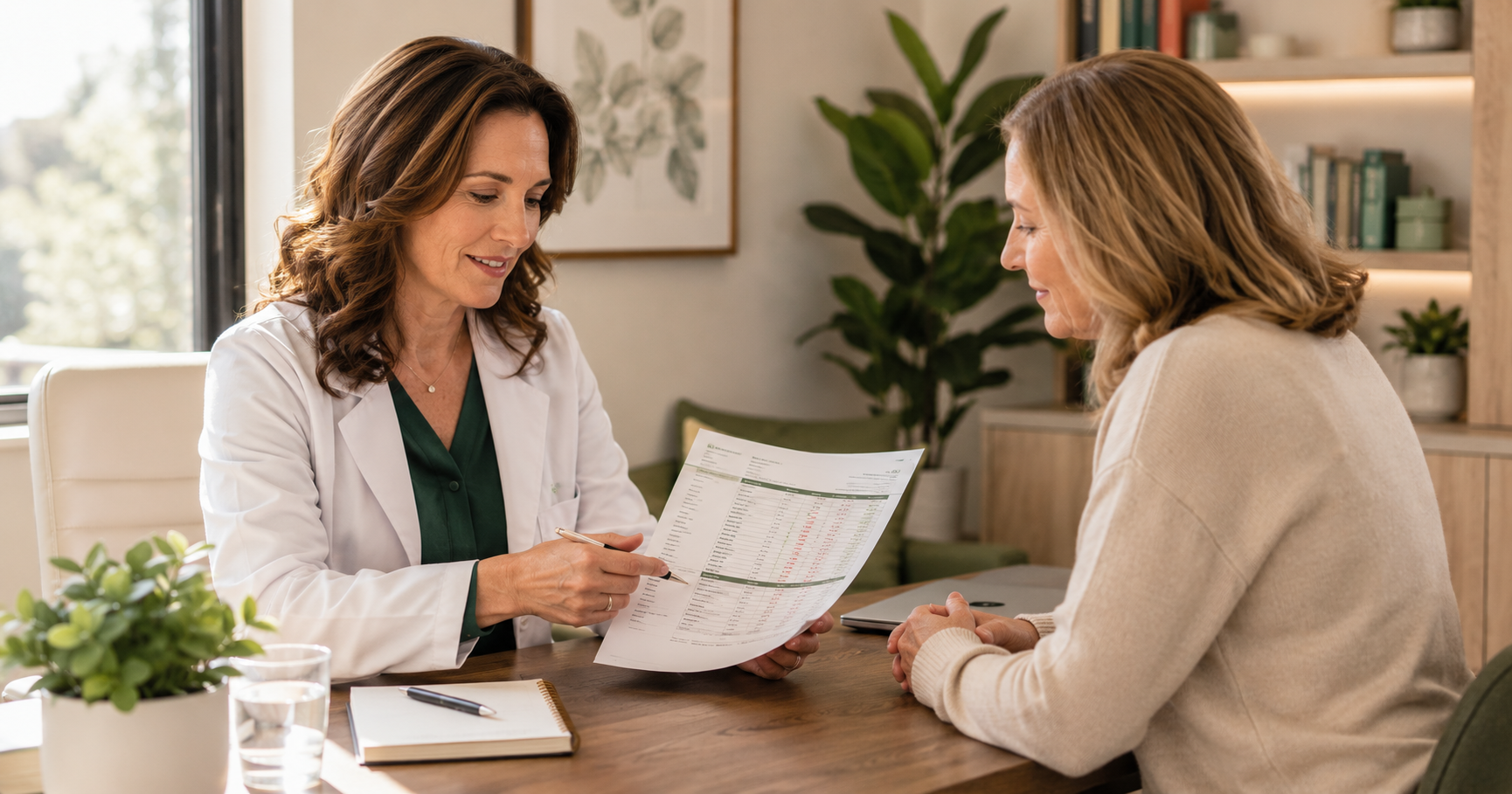 Naturopathic doctor reviewing blood lab results with a patient before IV therapy