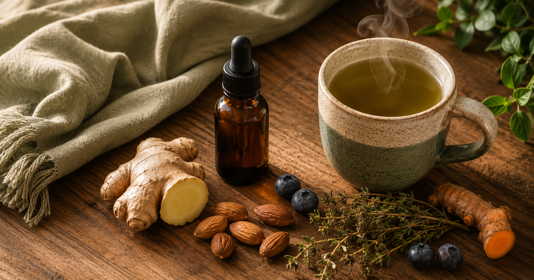 Herbal tea with ginger, turmeric, blueberries, almonds, dried herbs, and a tincture bottle arranged on a wooden table.