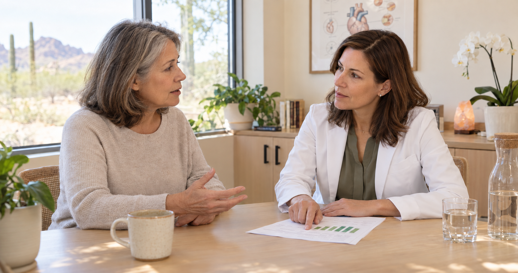 Naturopathic doctor and patient sitting at a table reviewing lab results together, with the doctor pointing to a chart on the page. Naturopathic doctor and patient sitting at a table reviewing lab results together, with the doctor pointing to a chart on the page.