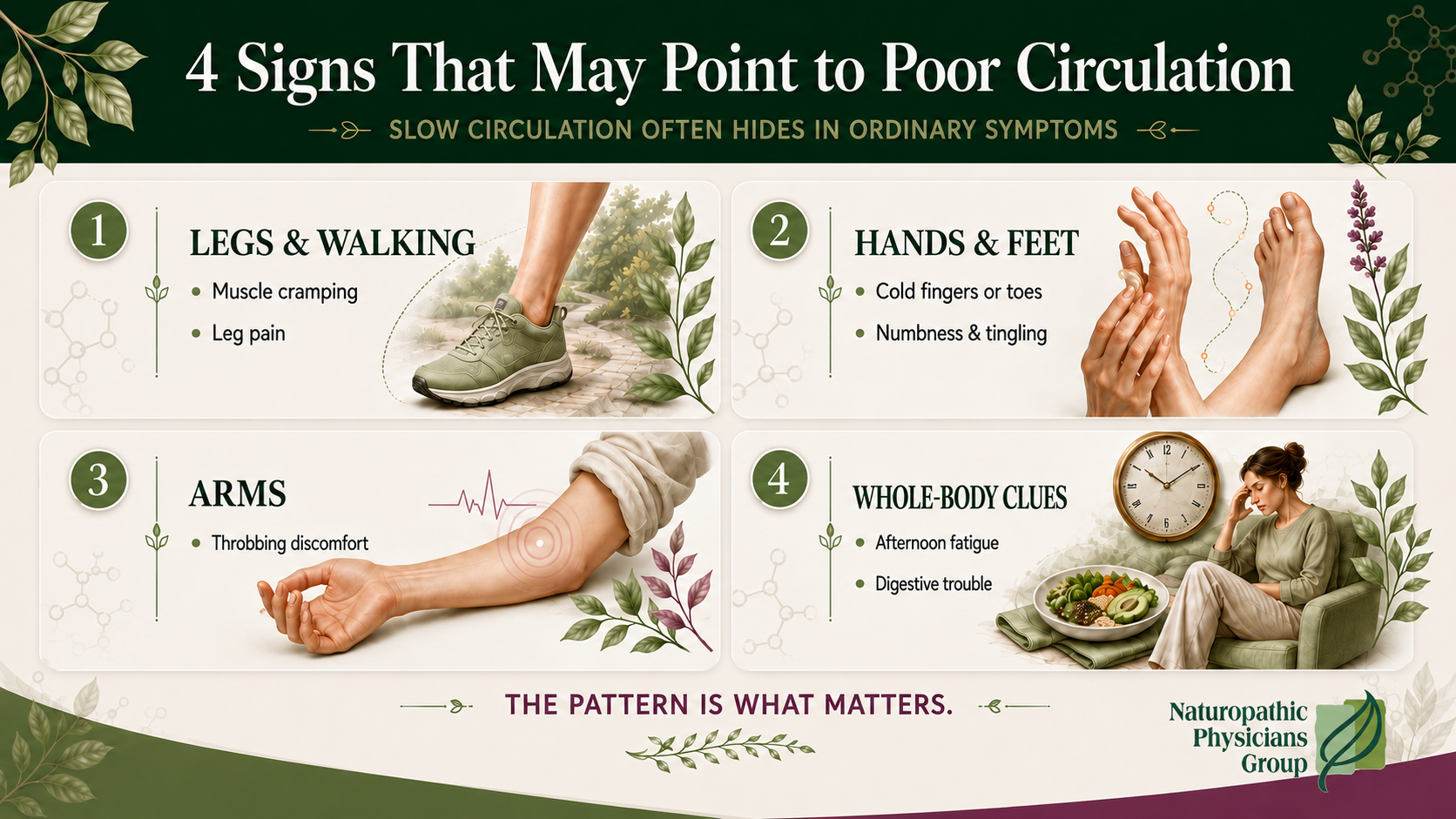 Infographic illustrating four signs that may point to poor circulation: cramping and leg pain, cold, numb, or tingling hands and feet, throbbing arms, and fatigue or digestive trouble. Infographic illustrating four signs that may point to poor circulation: cramping and leg pain, cold, numb, or tingling hands and feet, throbbing arms, and fatigue or digestive trouble.