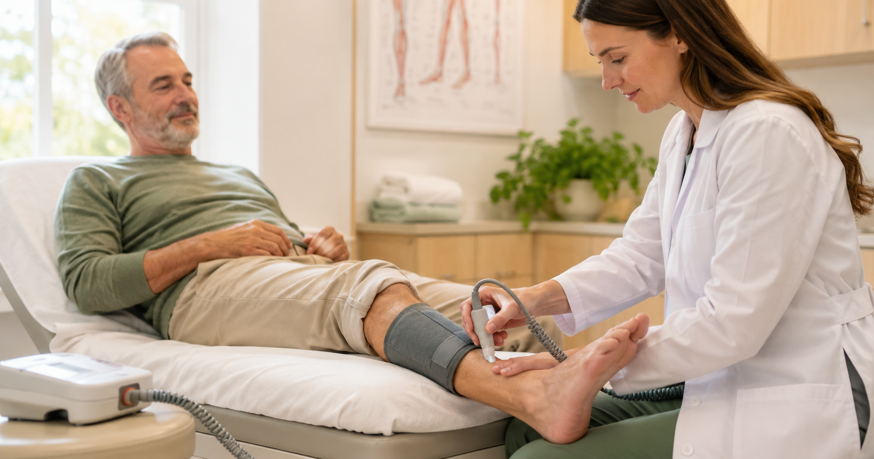 Clinician performs an ankle-brachial index test on a relaxed patient using a blood pressure cuff and handheld Doppler. Clinician performs an ankle-brachial index test on a relaxed patient using a blood pressure cuff and handheld Doppler.