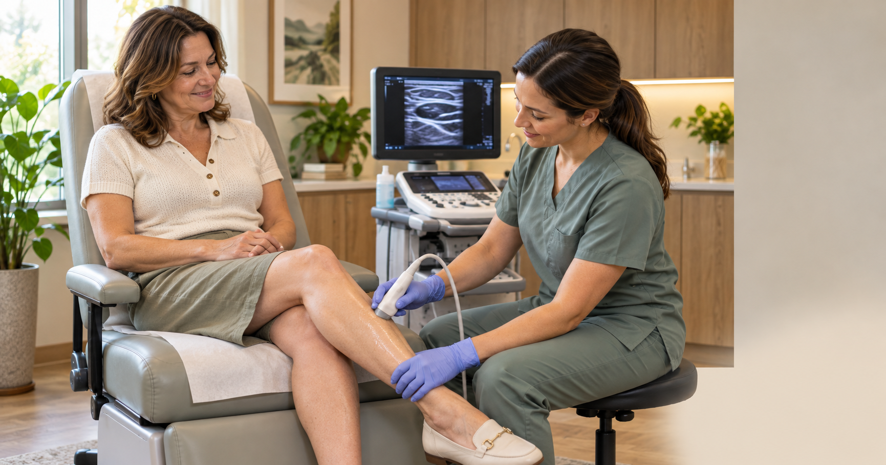 Patient and clinician during a duplex ultrasound leg exam Patient and clinician during a duplex ultrasound leg exam