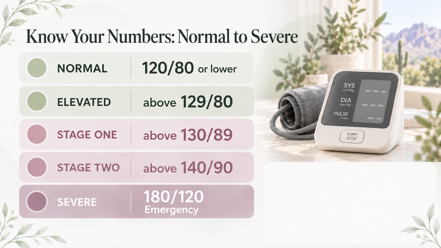 Infographic showing blood pressure categories from normal through severe with a home blood pressure monitor. Infographic showing blood pressure categories from normal through severe with a home blood pressure monitor.