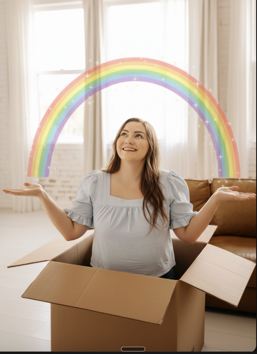 Courtney Schawl sitting in an open box under a rainbow
