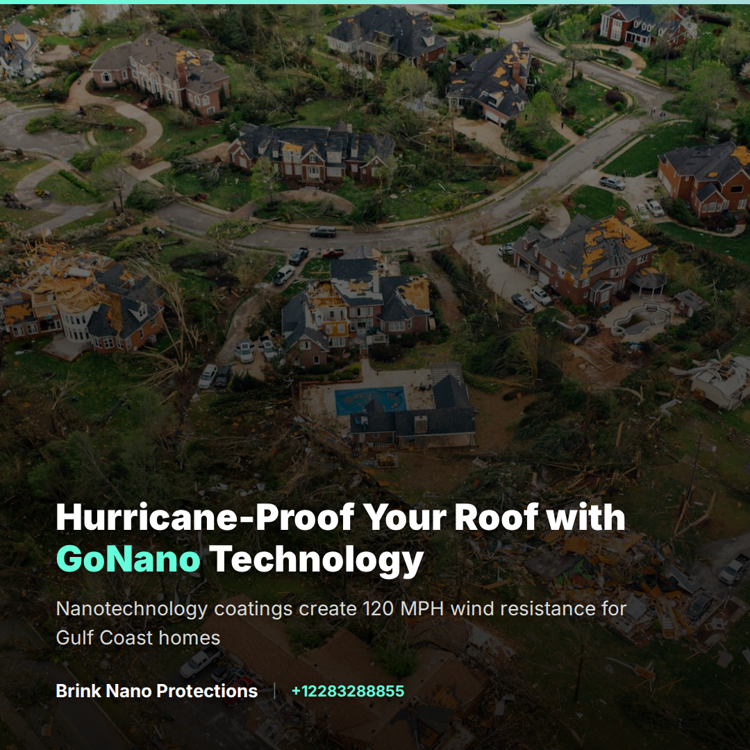Aerial view of a residential neighborhood showing extensive hurricane damage to homes with missing roofs, debris, and structural destruction, demonstrating the need for advanced nano coating protection technology. - Brink Nano Protections