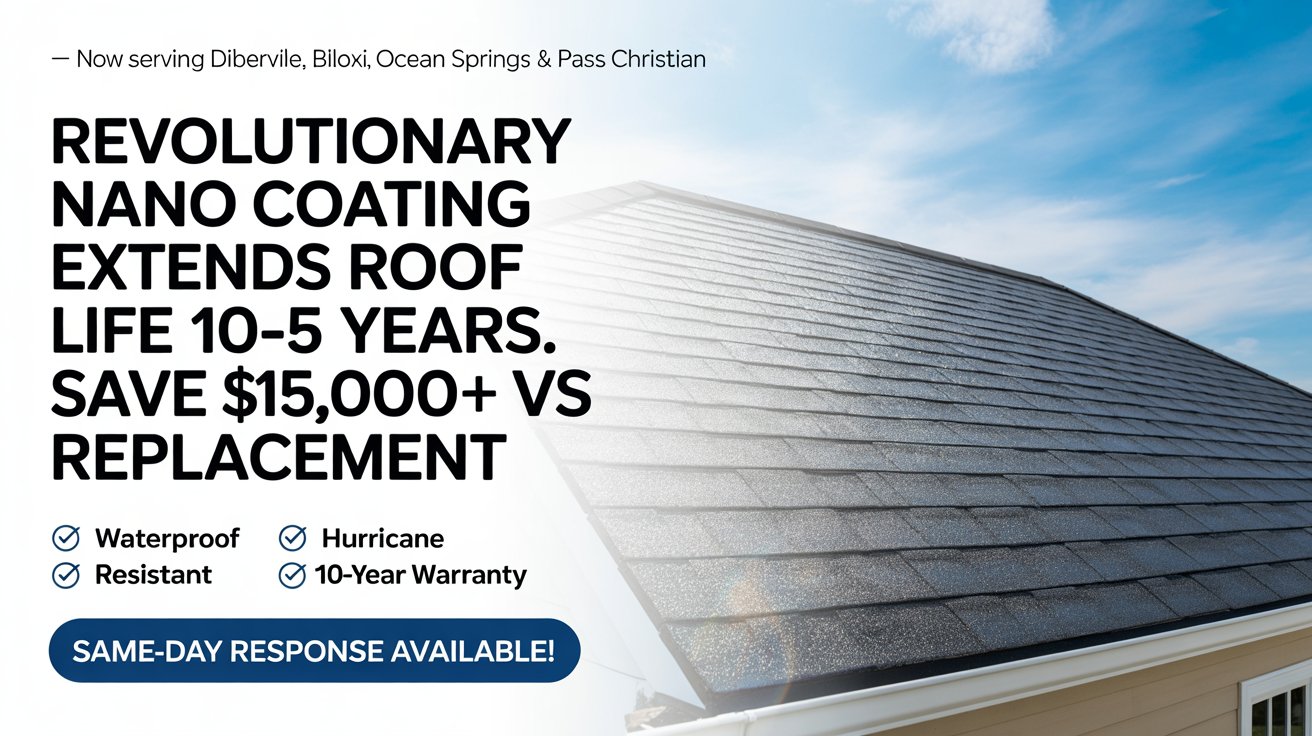 Advertisement showing a residential asphalt shingle roof against a blue sky, promoting revolutionary nano coating technology that extends roof life 10-15 years and saves $15,000+ versus replacement, with benefits including waterproof protection, hurricane resistance, and 10-year warranty. - Brink Nano Protections Advertisement showing a residential asphalt shingle roof against a blue sky, promoting revolutionary nano coating technology that extends roof life 10-15 years and saves $15,000+ versus replacement, with benefits including waterproof protection, hurricane resistance, and 10-year warranty. - Brink Nano Protections