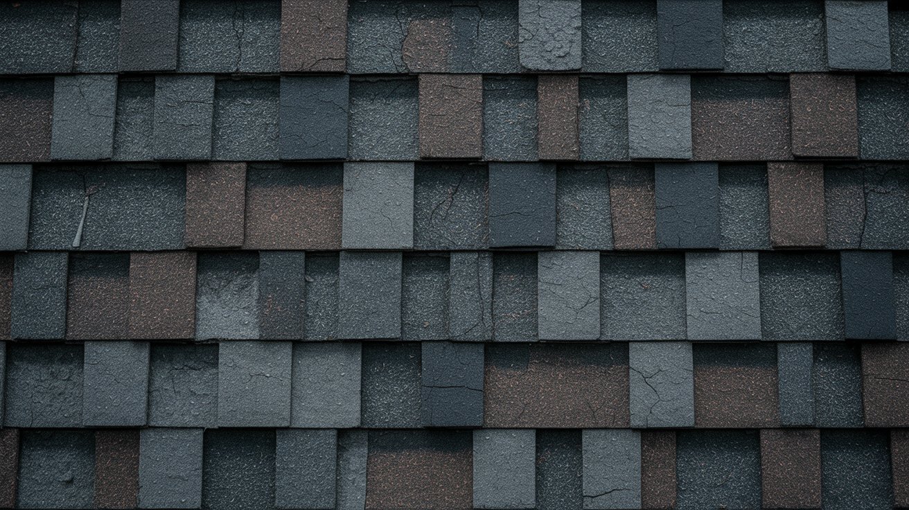 Close-up view of weathered asphalt roof shingles showing visible wear, cracking, and color variation that indicates aging and potential vulnerability to further weather damage. - Brink Nano Protections Close-up view of weathered asphalt roof shingles showing visible wear, cracking, and color variation that indicates aging and potential vulnerability to further weather damage. - Brink Nano Protections