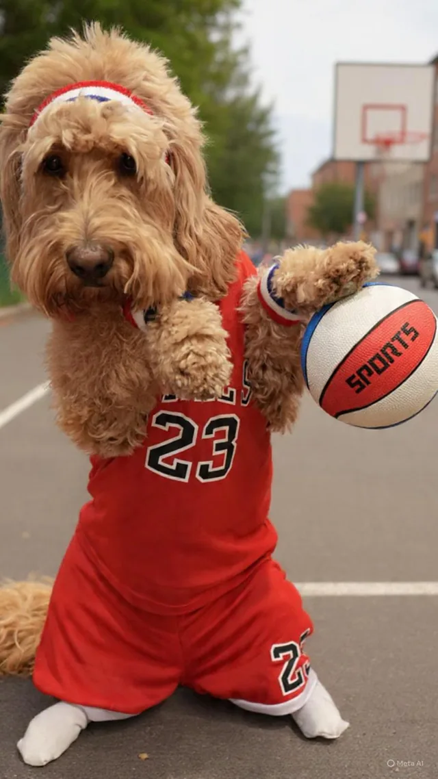Milo on a basketball court in a red number 23 jersey, holding a ball