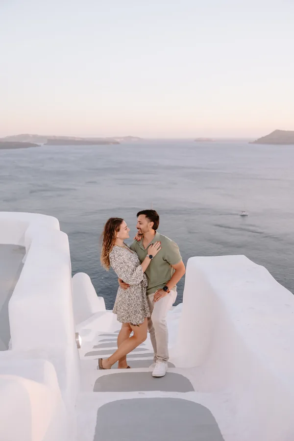 Laughing on the white steps