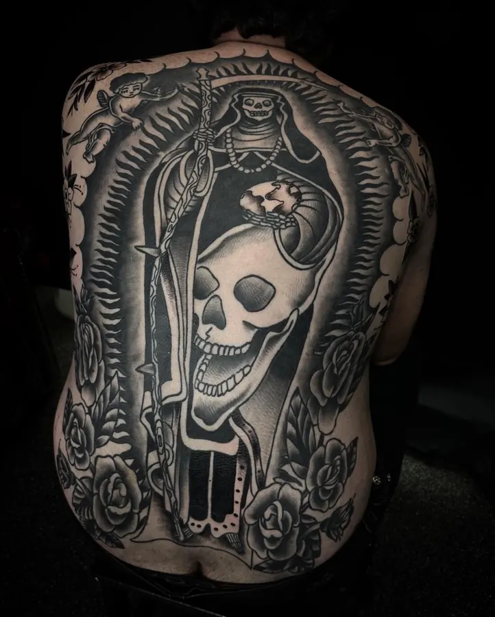 Large black and grey backpiece tattoo by Orne