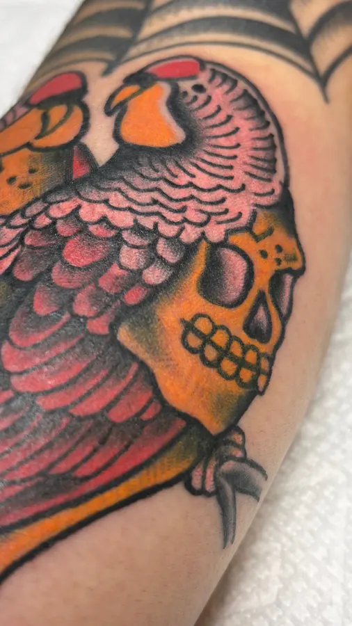 Colour traditional bird and skull tattoo by Orne