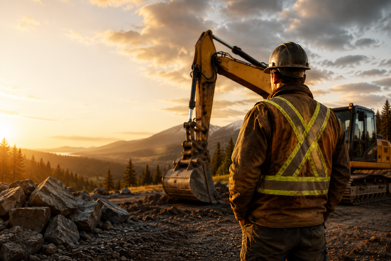 Entrepreneur sur un chantier avec une excavatrice