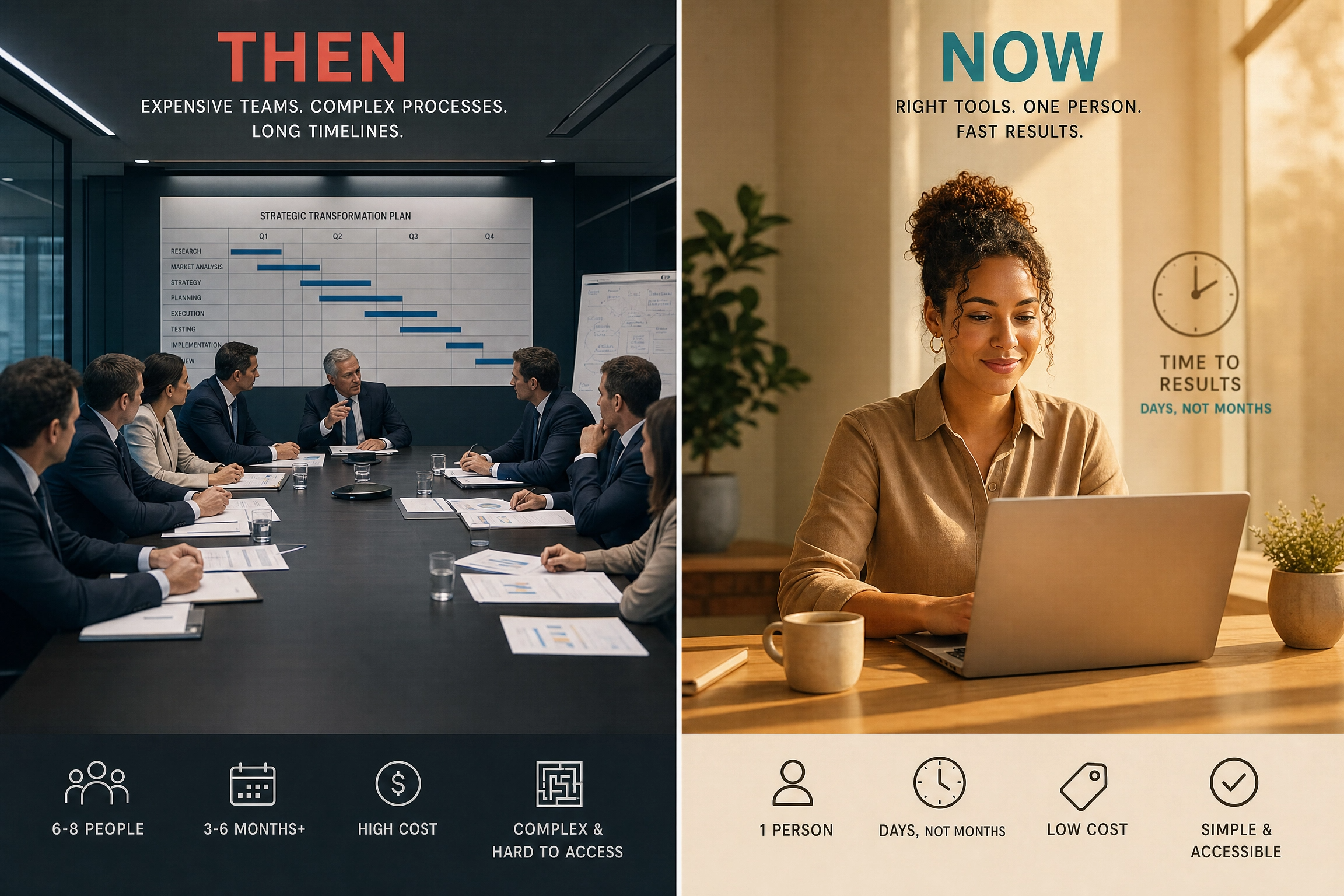 Side-by-side comparison showing the shift from expensive corporate consulting teams and long timelines to a single empowered entrepreneur with a laptop achieving fast results — illustrating how AI has levelled the playing field.