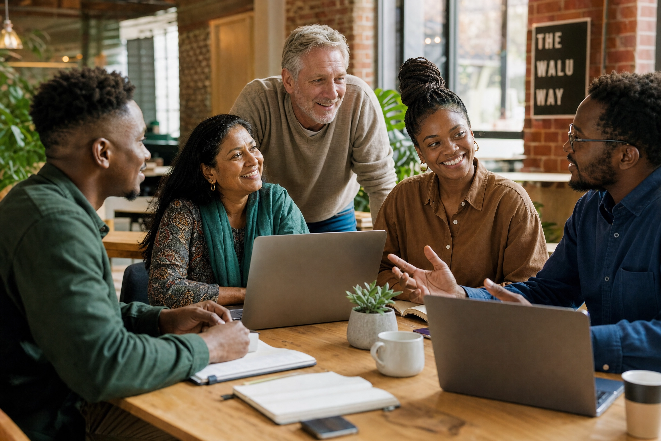 Diverse group of South African entrepreneurs collaborating in a bright co-working space, engaged in animated discussion around laptops — representing the MindHattitude community of learning and shared growth.