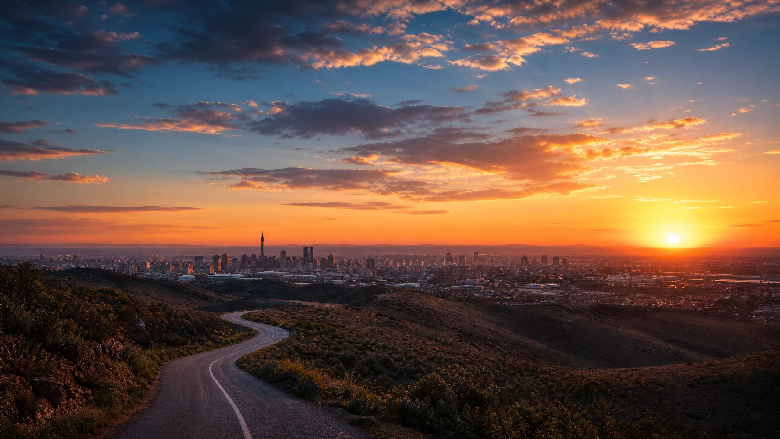 South African cityscape at dawn with a winding road leading toward the horizon — a visual metaphor for the open road ahead for entrepreneurs willing to embrace change.