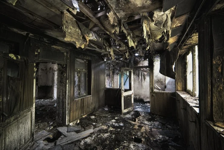 A desolate interior of a room, completely scorched by fire with a heavily damaged, peeling ceiling.