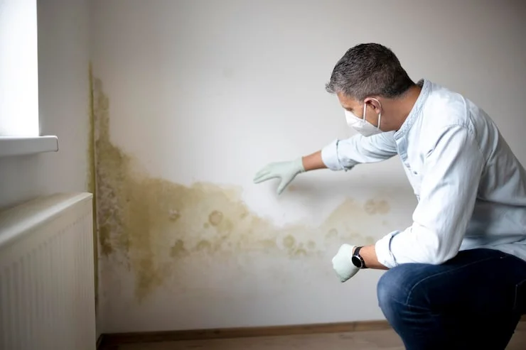 A man wearing a mask and gloves inspects extensive mold growth on a white wall near a window and radiator.