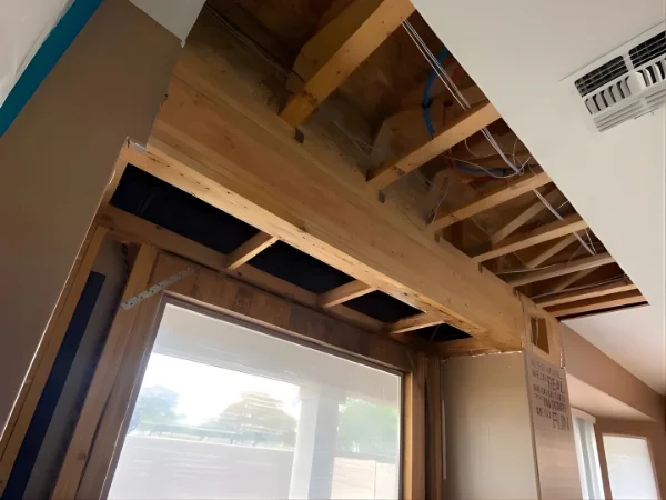 A partially constructed interior showing a window frame, exposed lumber ceiling, and hanging wires during a renovation.
