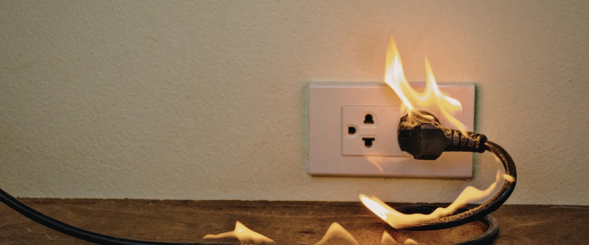 A black electrical plug and cord on fire, plugged into a white wall outlet against a beige wall.