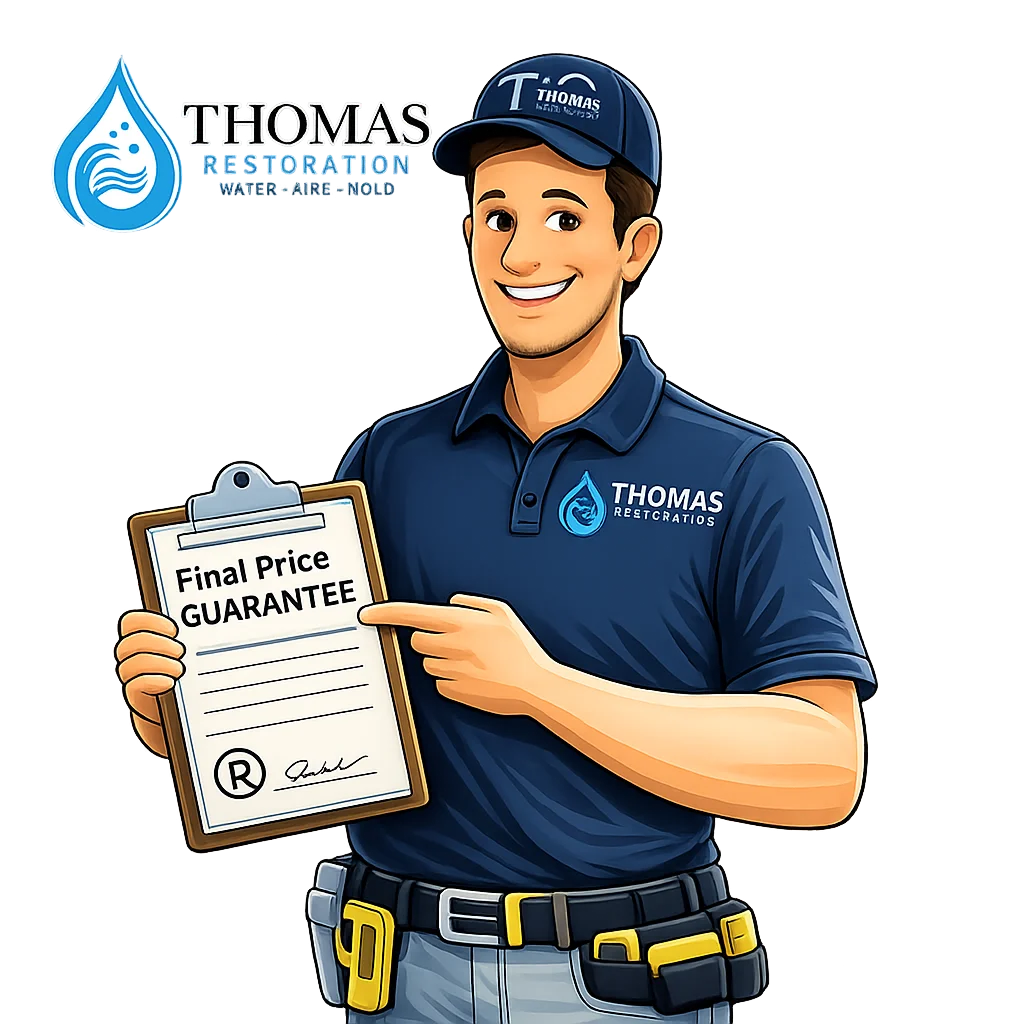 A smiling animated man in a blue polo and cap points to a clipboard with 'Final Price GUARANTEE' text, against a dark background.
