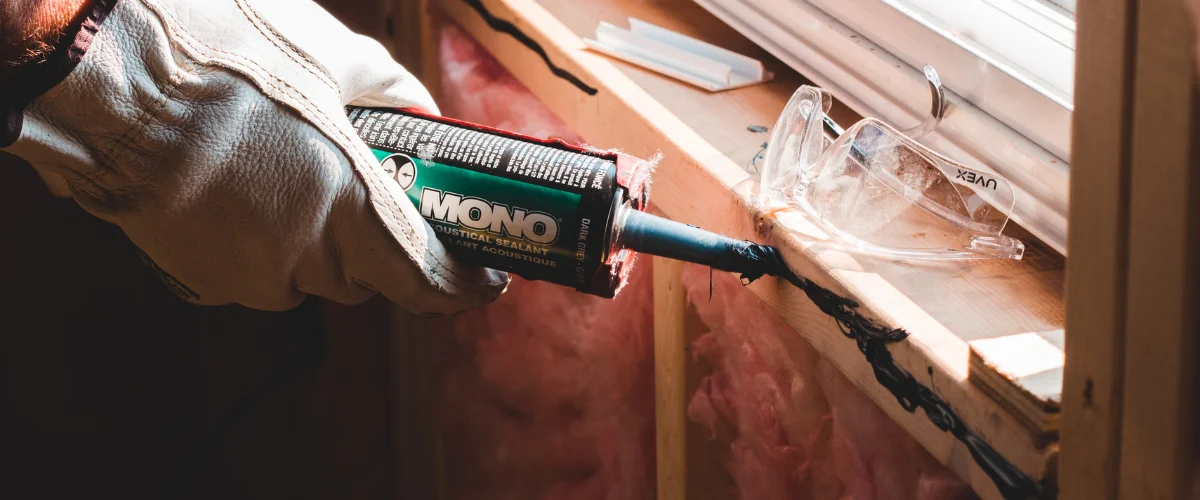 A gloved hand applies dark grey acoustic sealant from a tube to a wooden window frame with pink insulation. A gloved hand applies dark grey acoustic sealant from a tube to a wooden window frame with pink insulation.