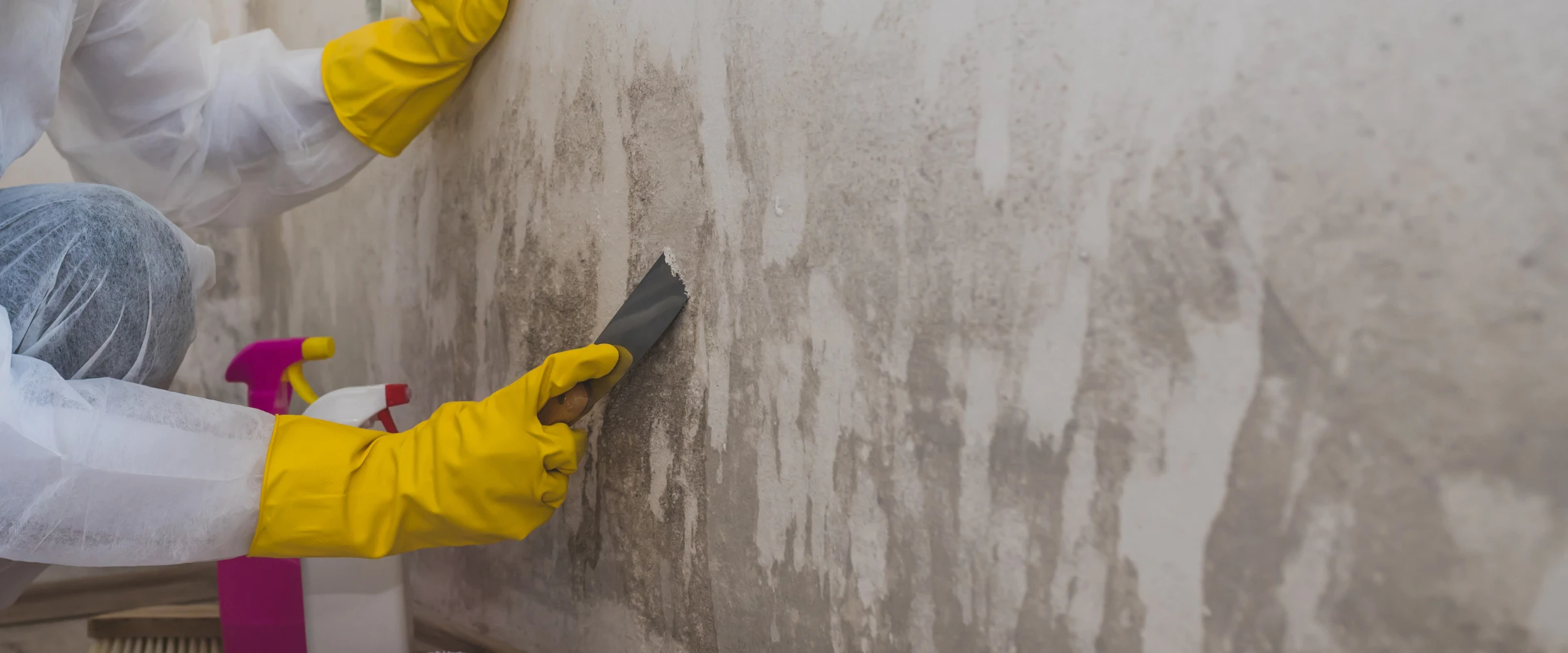 A person in yellow gloves and a white protective suit scrapes mold off a dirty wall with a tool. A person in yellow gloves and a white protective suit scrapes mold off a dirty wall with a tool.