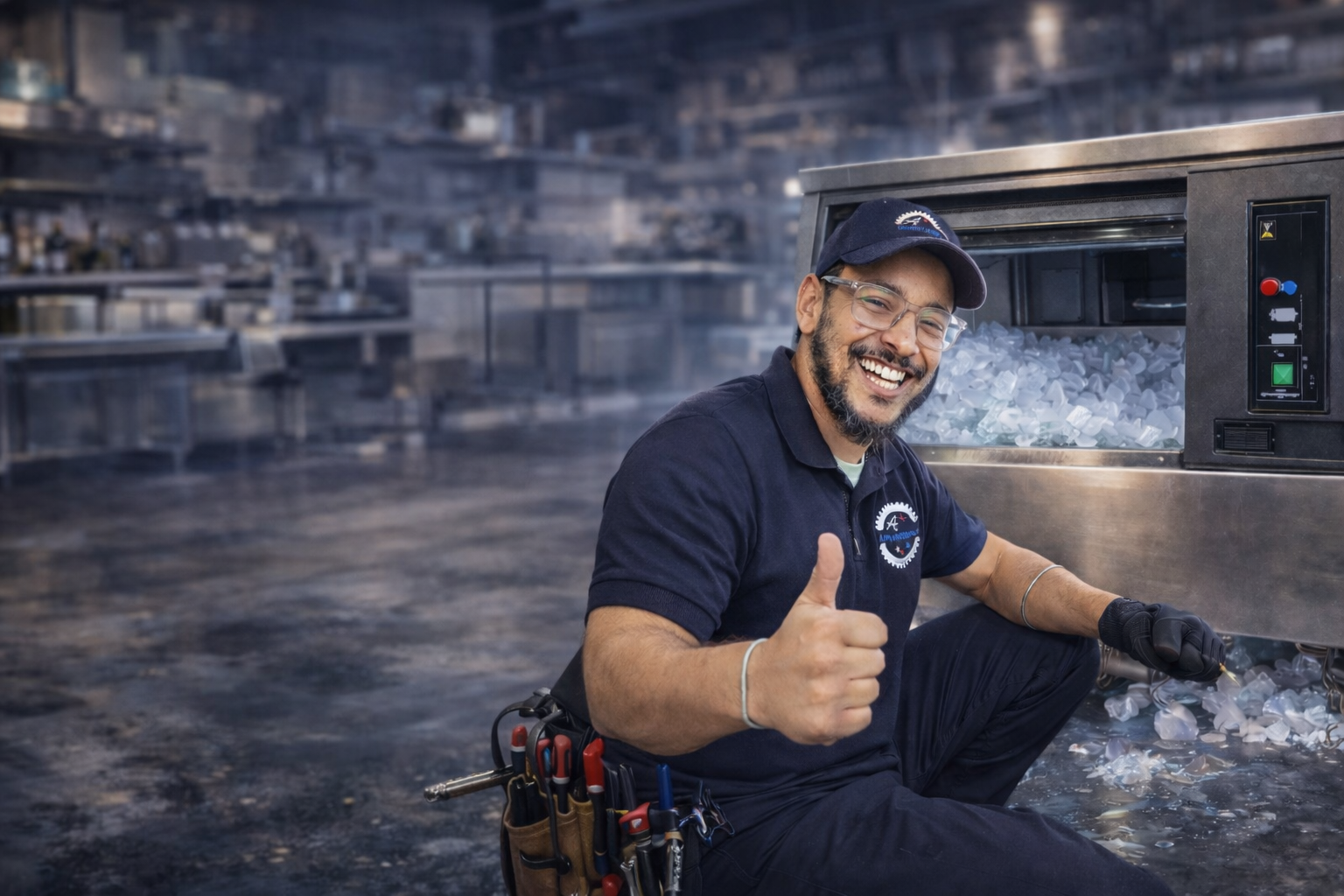 Technician repairs ice machine in kitchen Technician repairs ice machine in kitchen