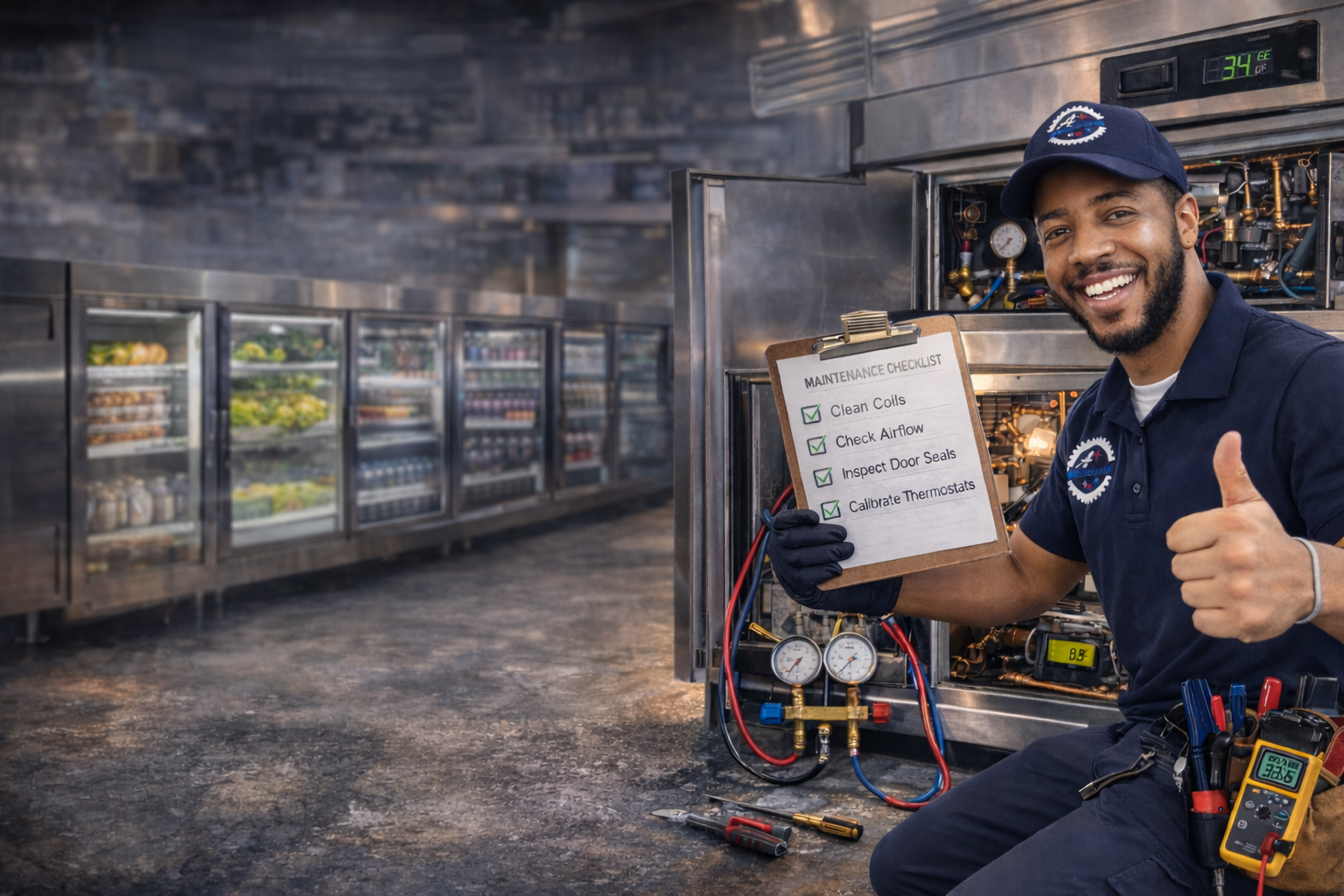 technician inspects commercial refrigerator technician inspects commercial refrigerator