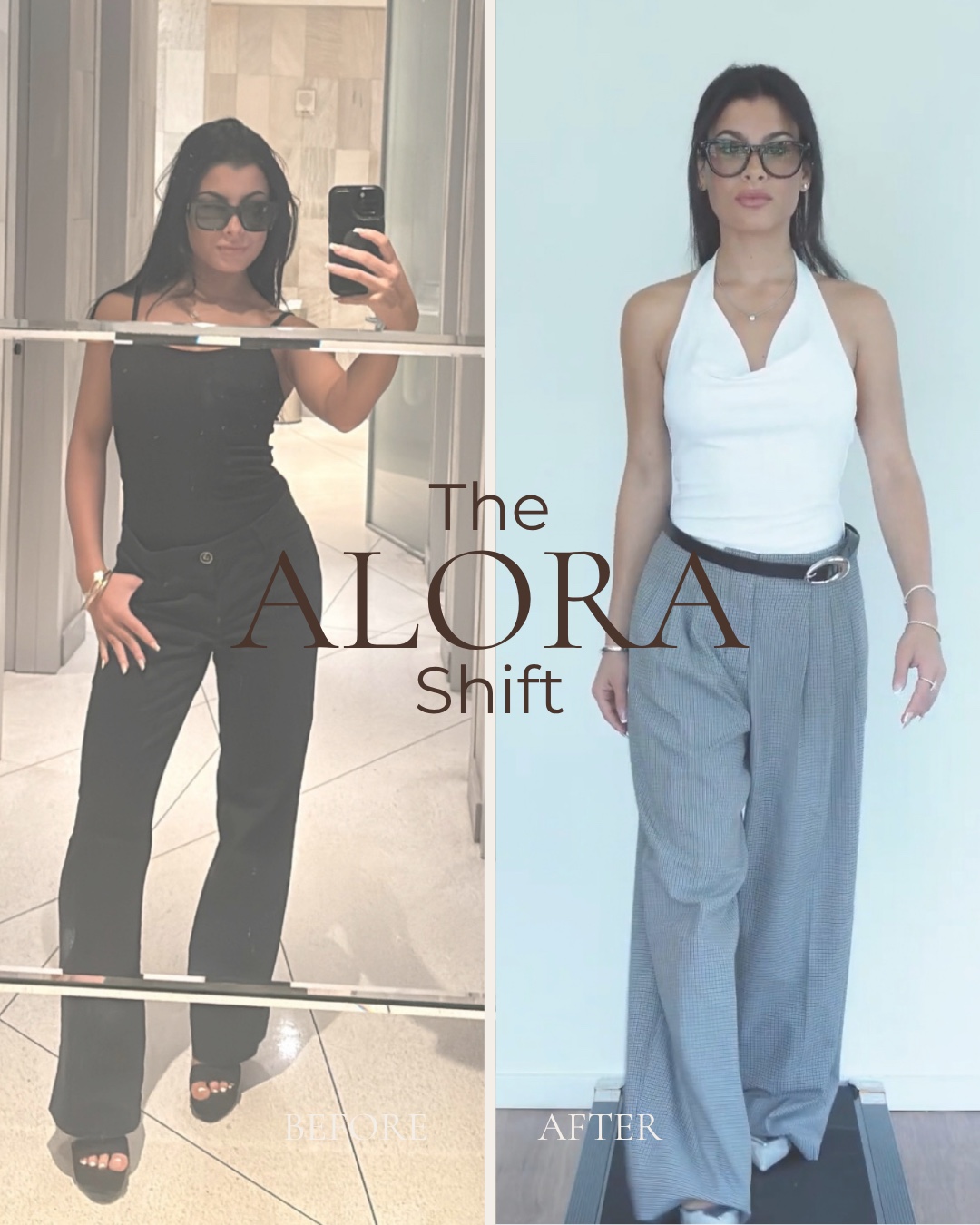 Before and after client styling: black outfit to a white top and gray trousers