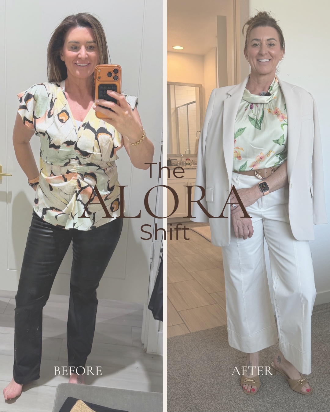 Before and after client styling: printed blouse and dark pants to a floral blouse with a light tailored suit