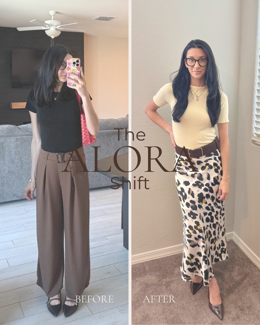 Before and after client styling: black top and brown trousers to a pale top and leopard skirt