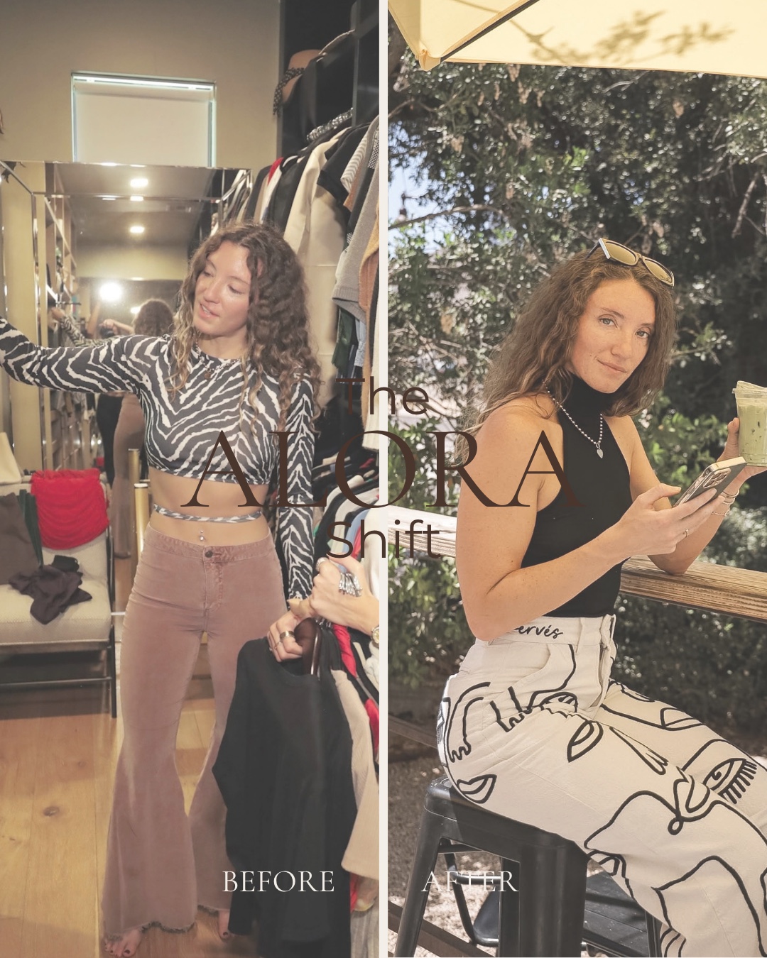 Before and after client styling: zebra top to a black halter with patterned trousers