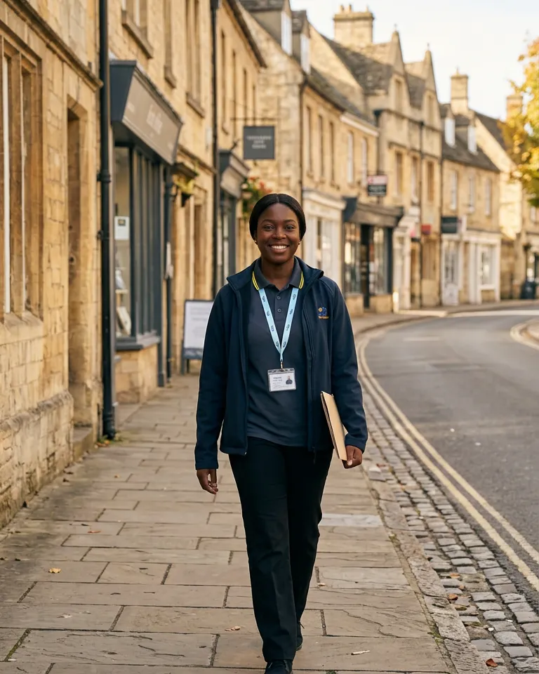 A smiling carer in uniform walking along a Cotswold-stone high street