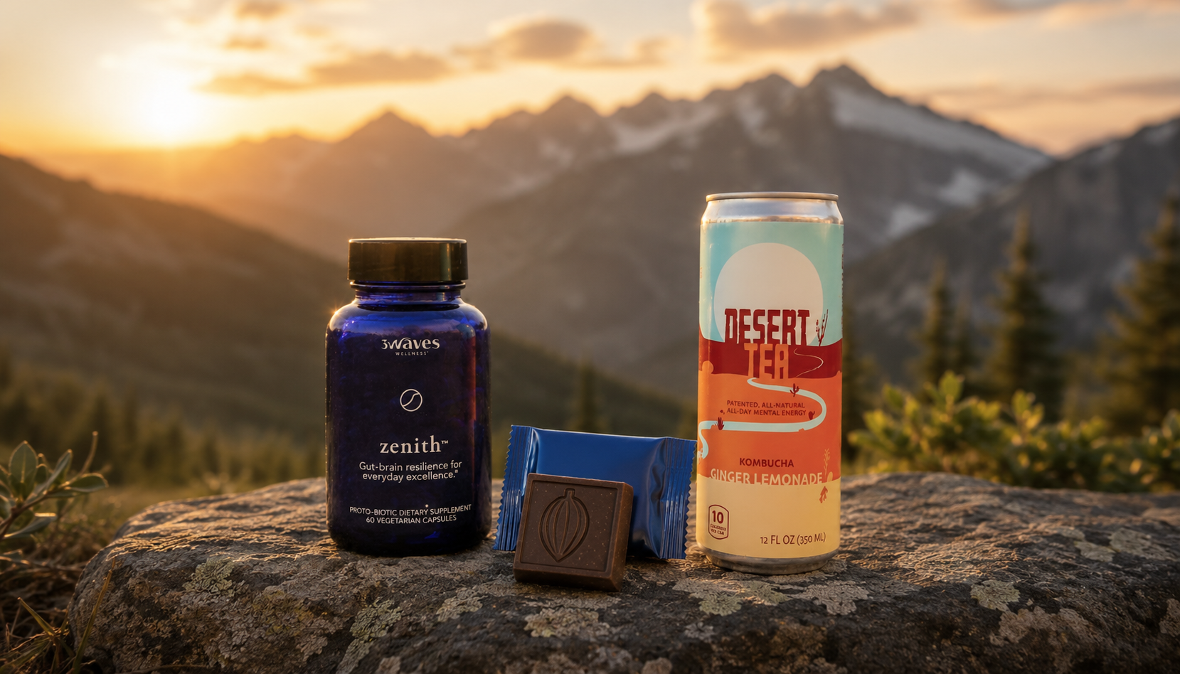 Three Waves Wellness Zenith, Stress Chocolate, and Desert Tea on alpine mountain stone at golden hour