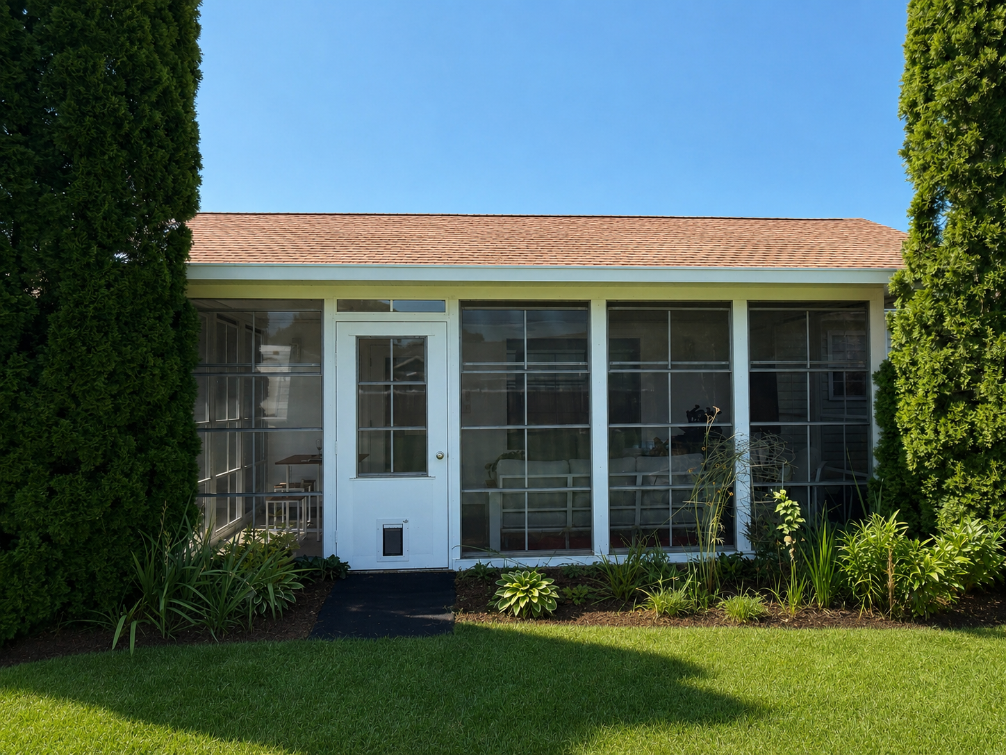 Finished Eze-Breeze outdoor room exterior in the Greenville area