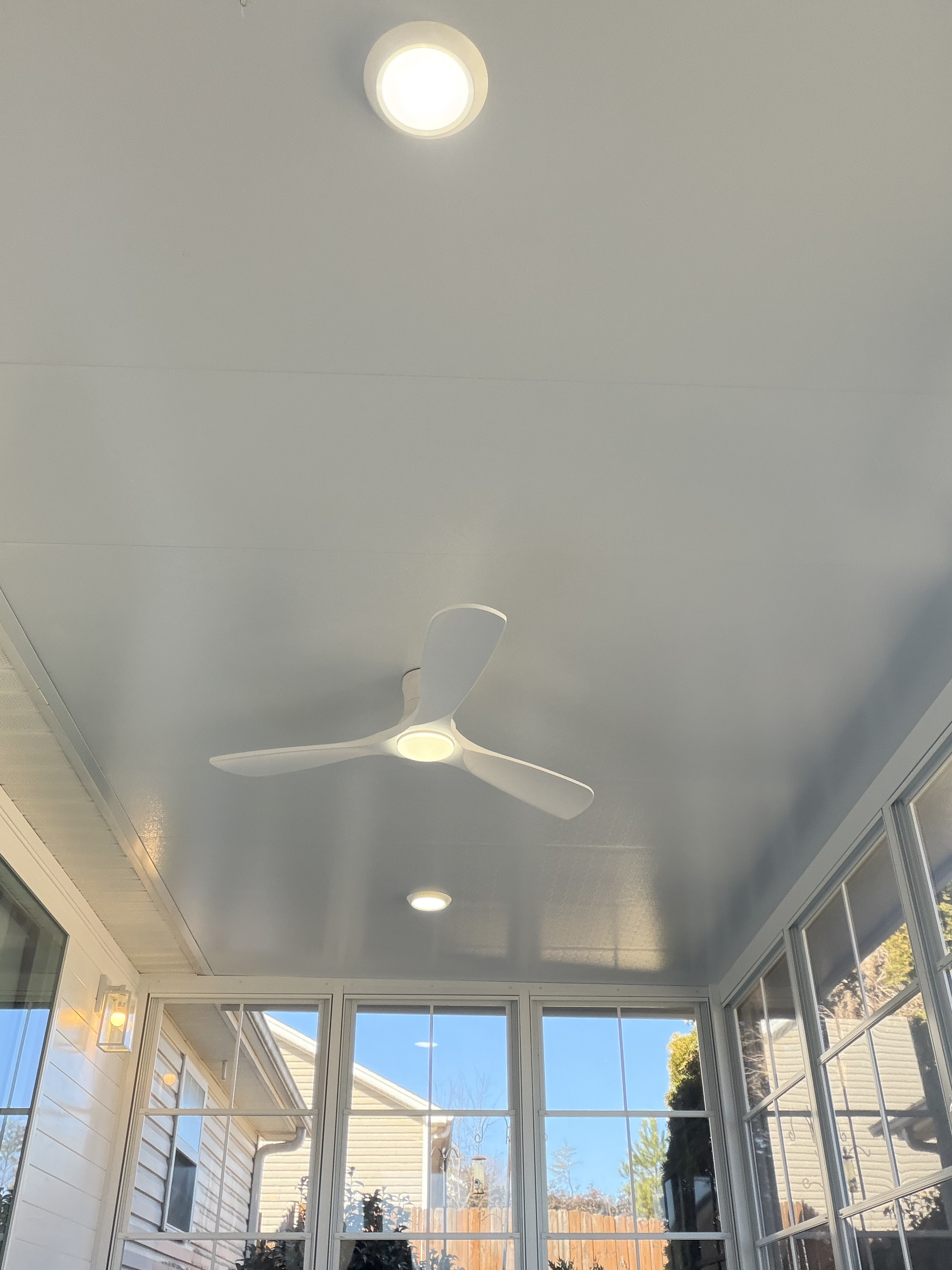 Ceiling fan and recessed lighting inside the Hill Eze-Breeze outdoor room