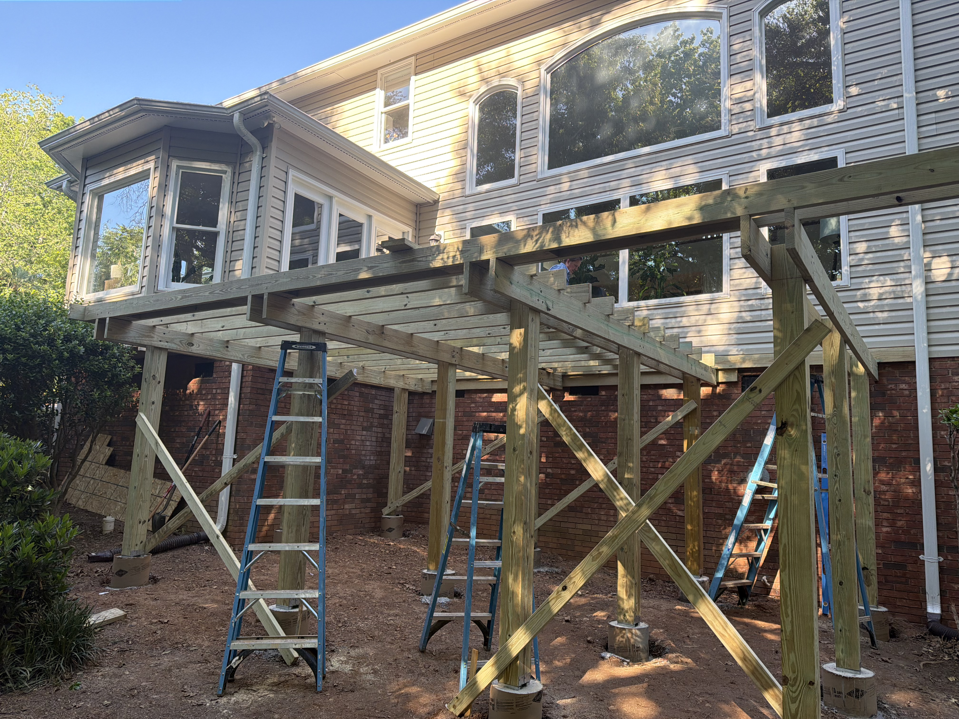 Close view of framing details during the Campos deck rebuild