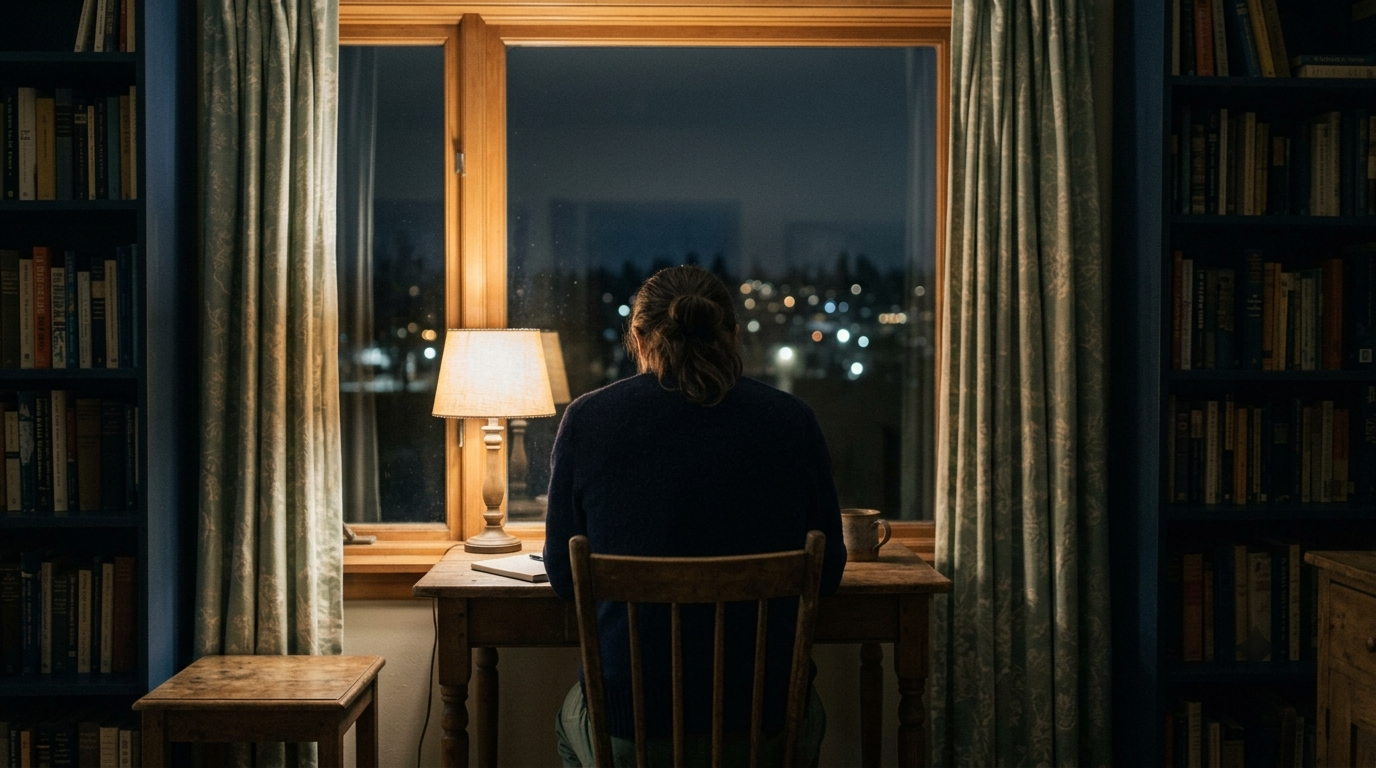 A person sitting alone at a desk by a window at night, lamp lit, city lights beyond